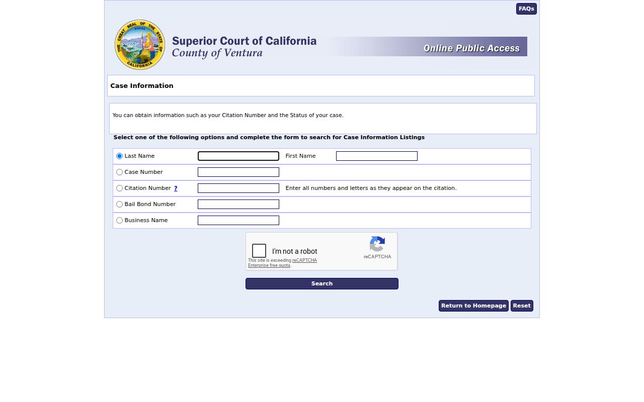 Ventura County people search criminal case fields