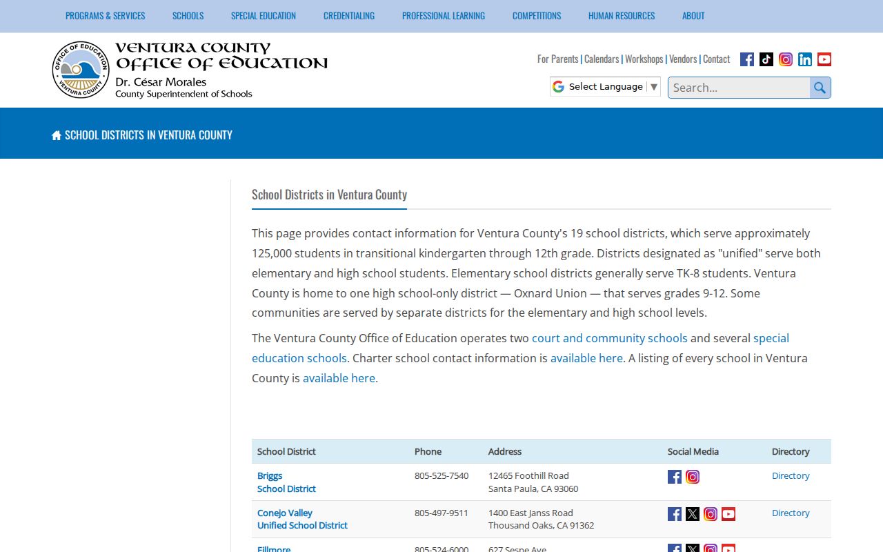 Ventura County people directories school district list