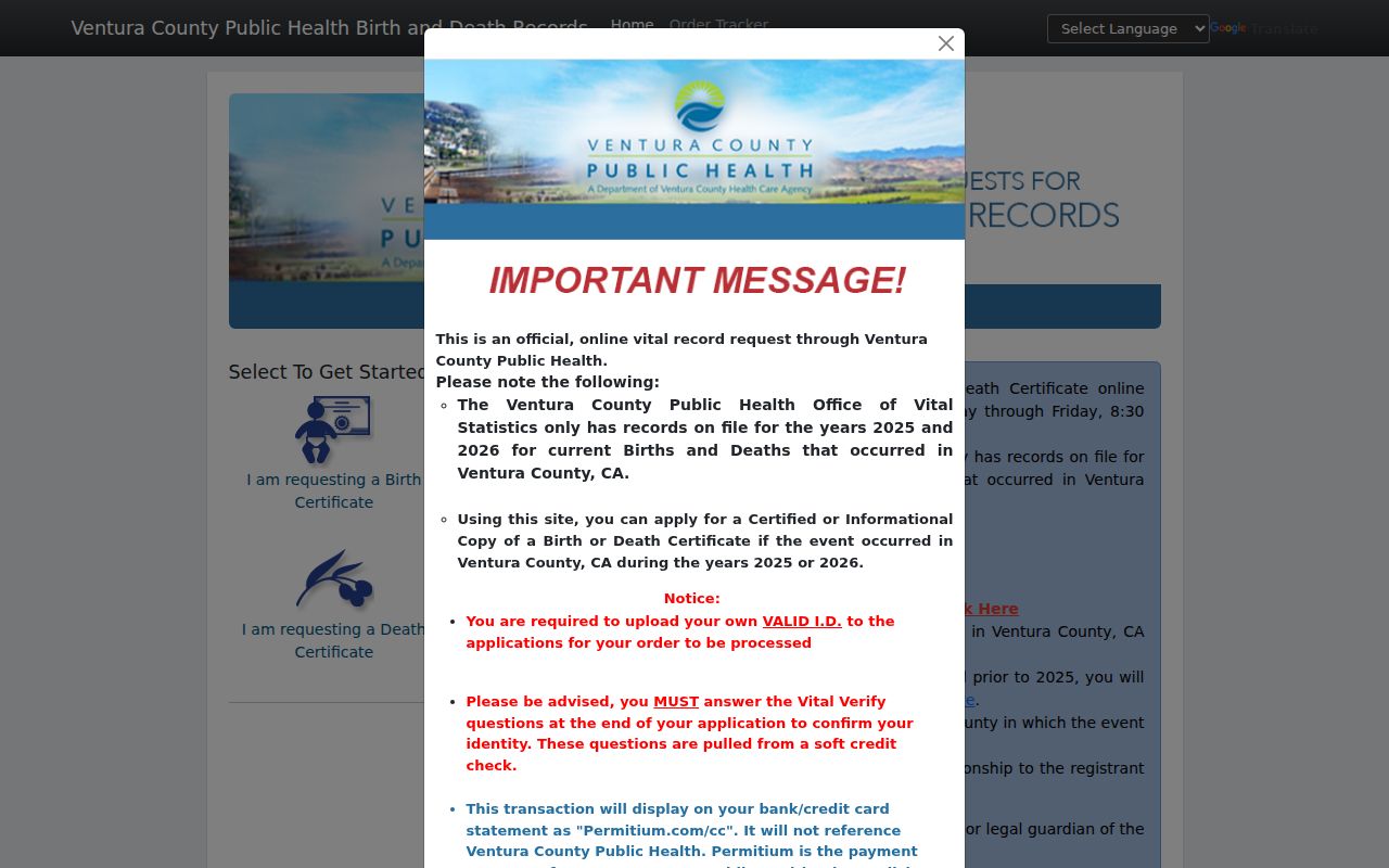 Ventura County public records portal for current birth and death certificates