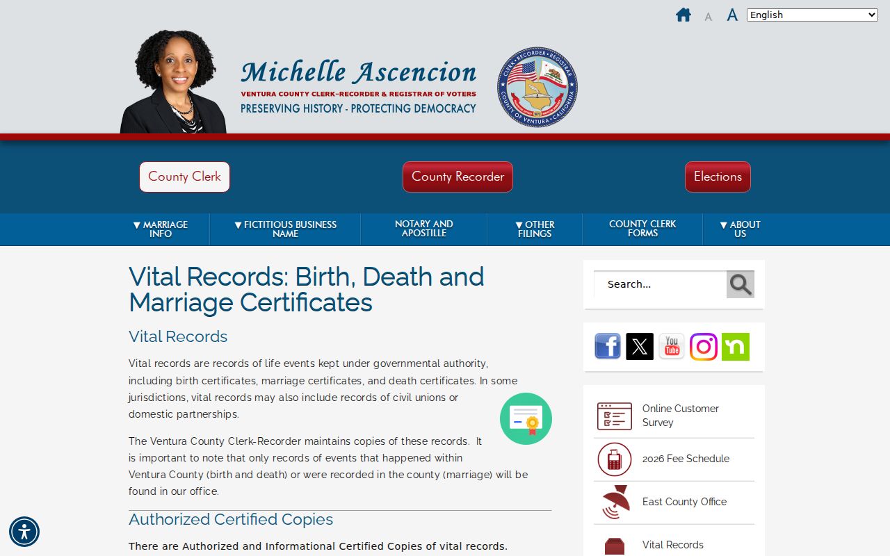 Ventura County public records page for vital certificate copies