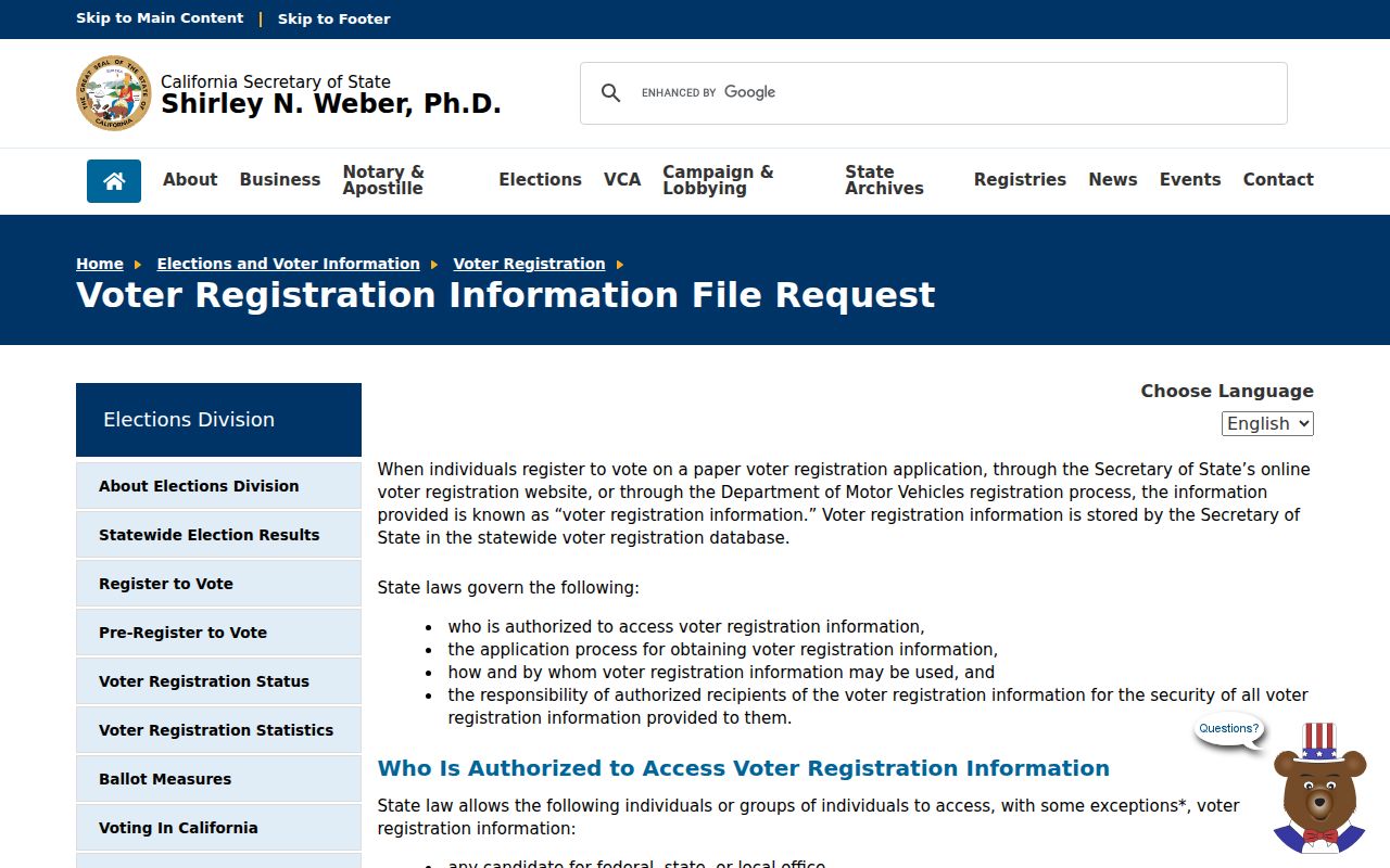 Ventura County voter registration information file request page